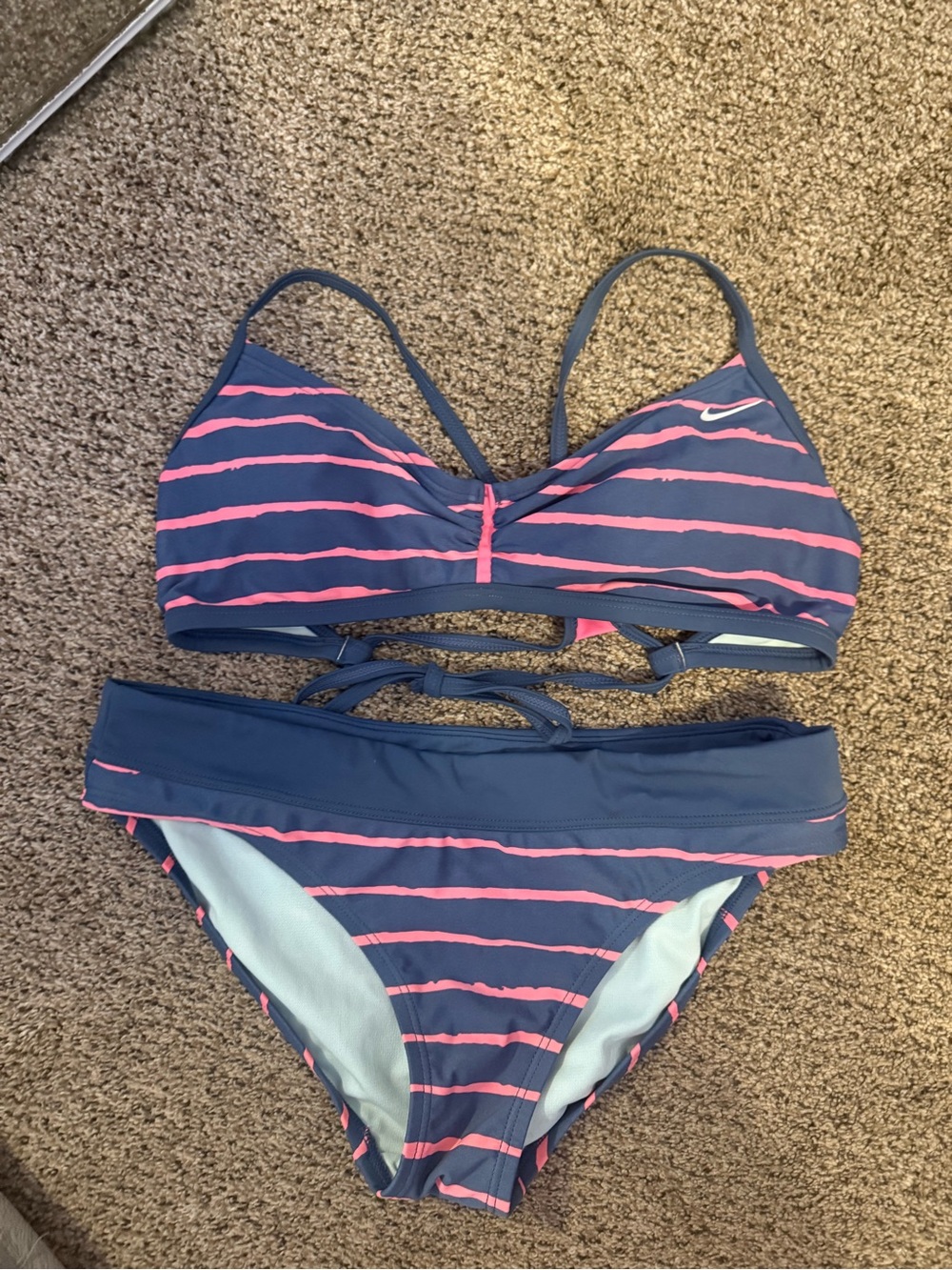 Nike Blue and Pink Striped Two-Piece Bikini